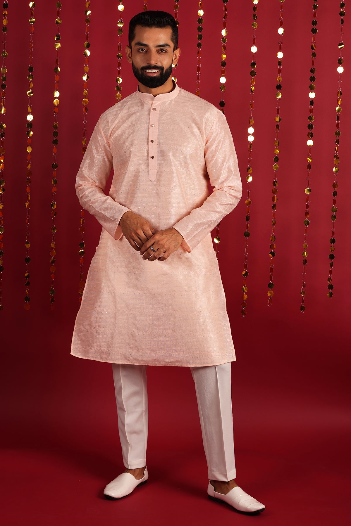 Men Light Peach Dupion Silk Mirror Work Straight Kurta