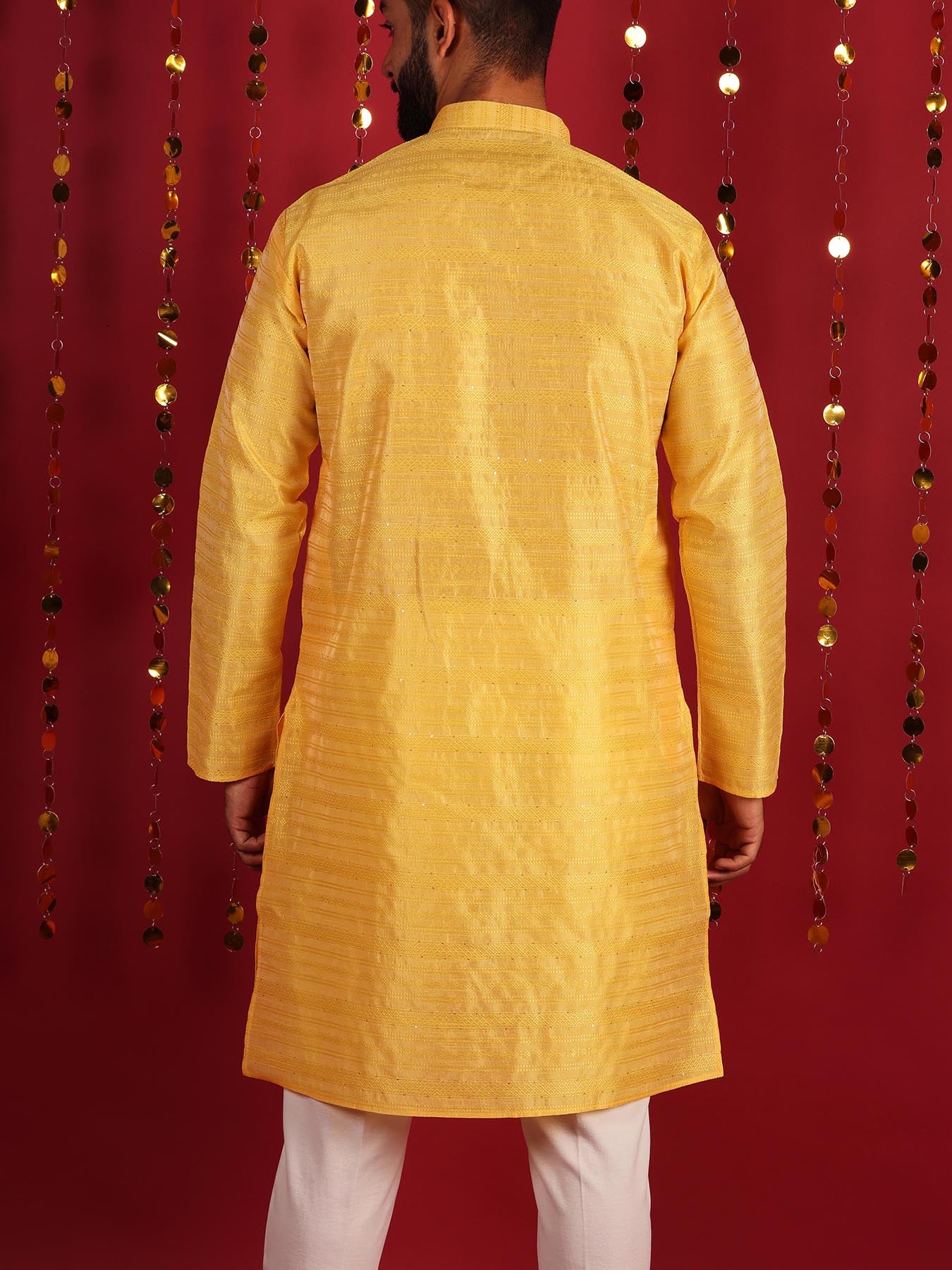 Yellow Woven Design Mandarin Collar Silk Straight Kurta