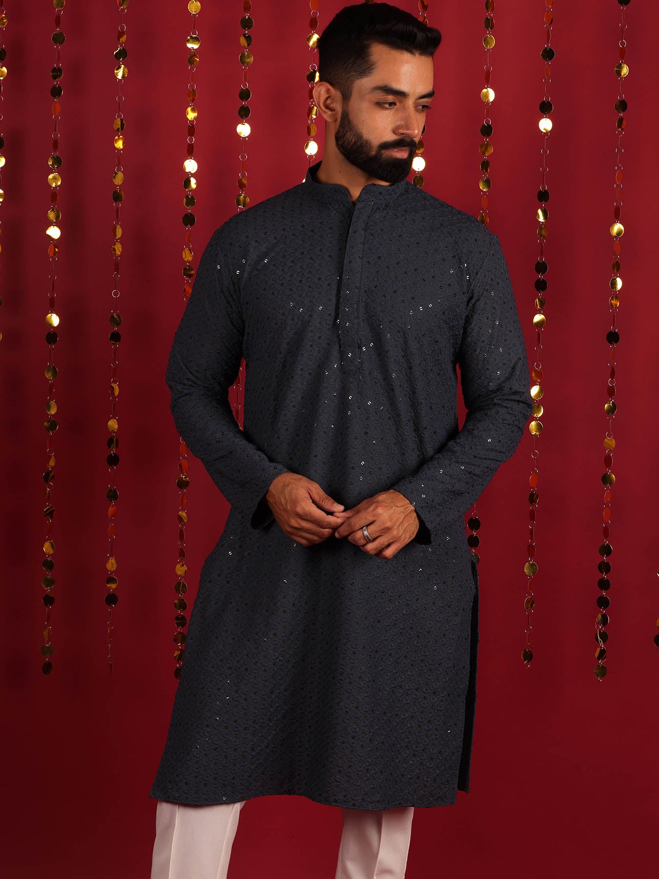 Men Grey Geometric Mandarin Collar Cotton Kurta