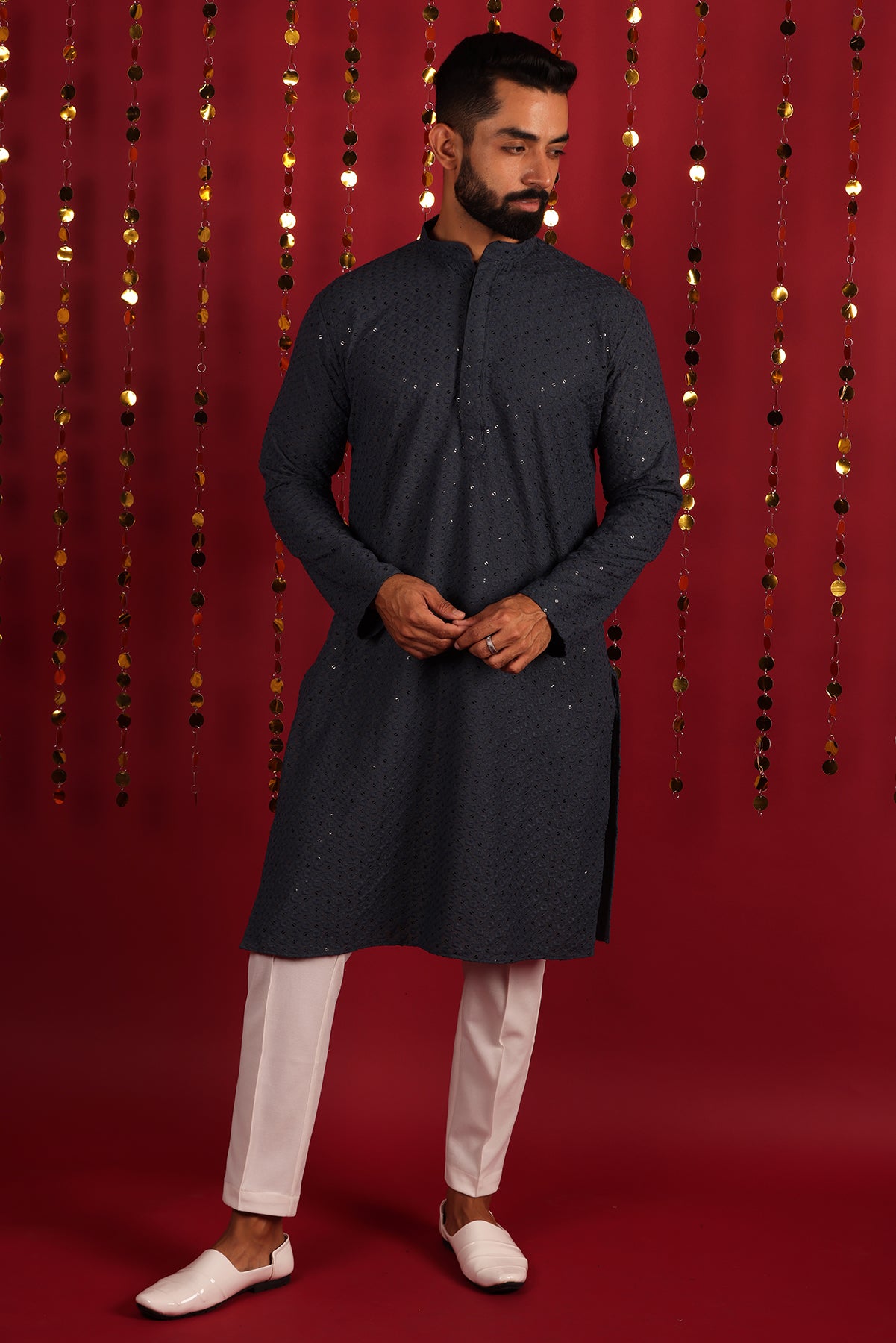 Men Grey Geometric Mandarin Collar Cotton Kurta