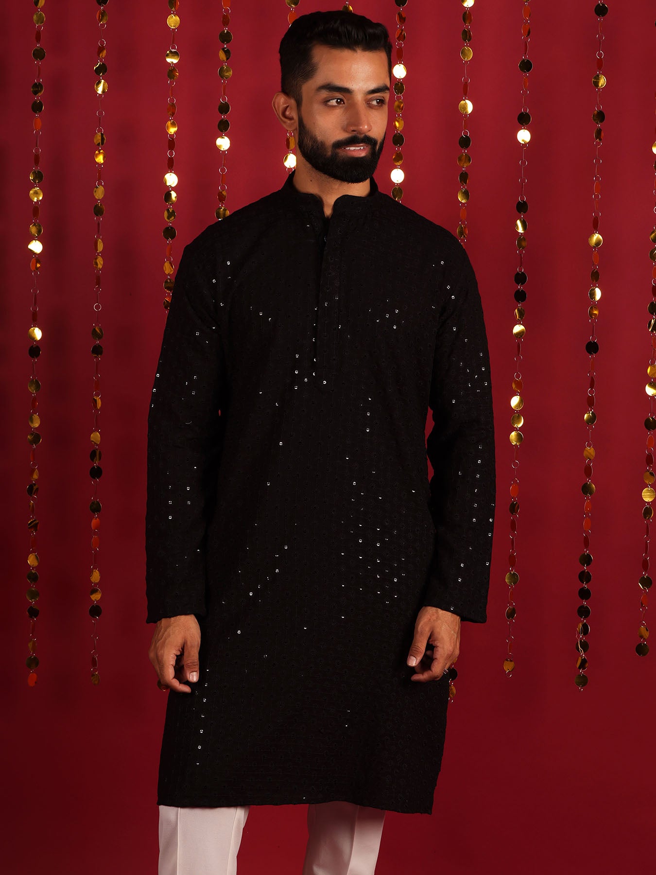 Black Geometric Thread Work Cotton Kurta