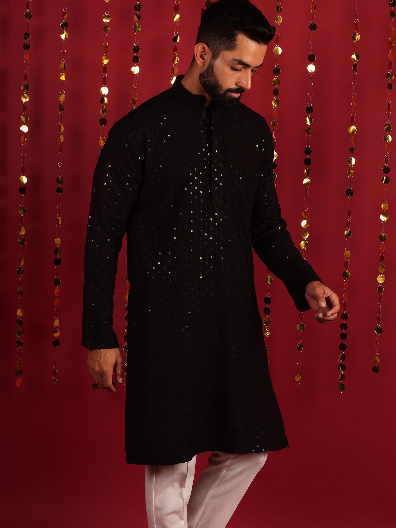 Black Geometric Thread Work Cotton Kurta