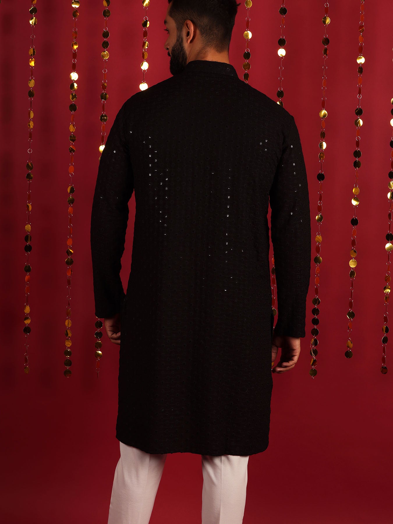 Black Geometric Thread Work Cotton Kurta