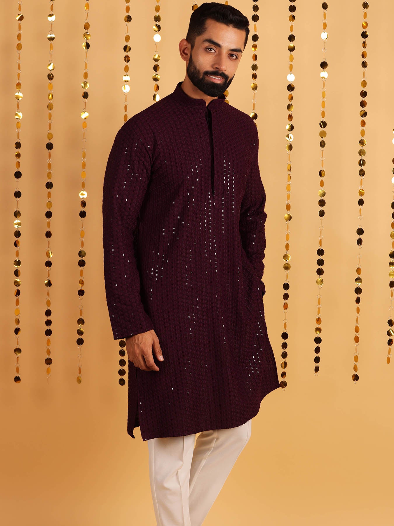 Men Wine Ethnic Motifs Thread Work Cotton Kurta