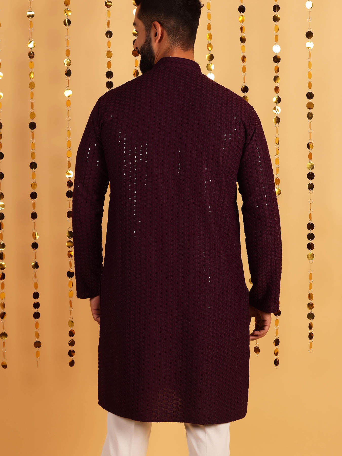 Men Wine Ethnic Motifs Thread Work Cotton Kurta