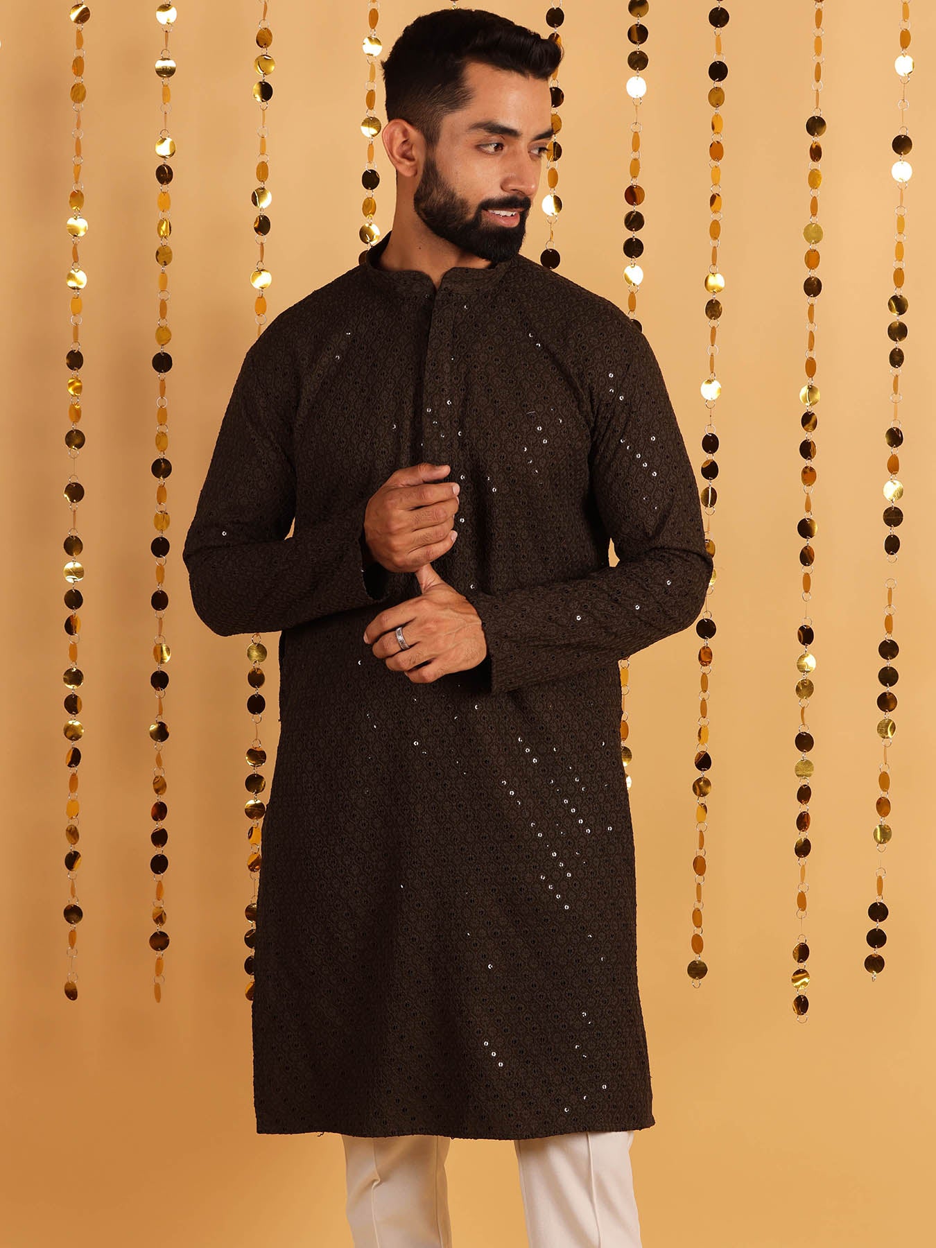 Men Brown Mandarin Collar Cotton Kurta