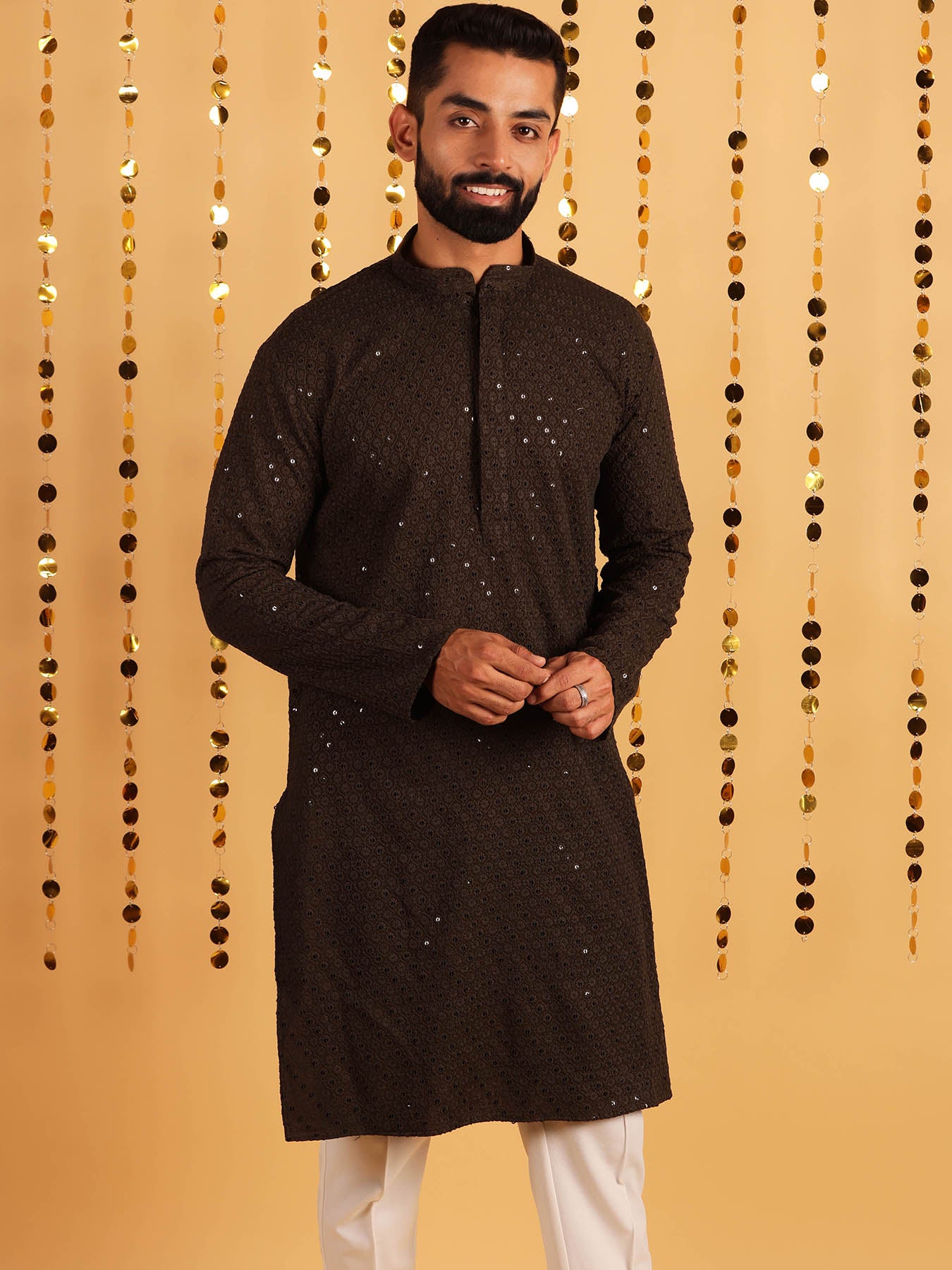 Men Brown Mandarin Collar Cotton Kurta