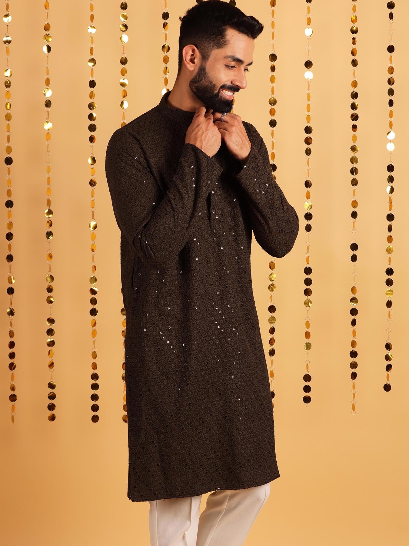 Men Brown Mandarin Collar Cotton Kurta