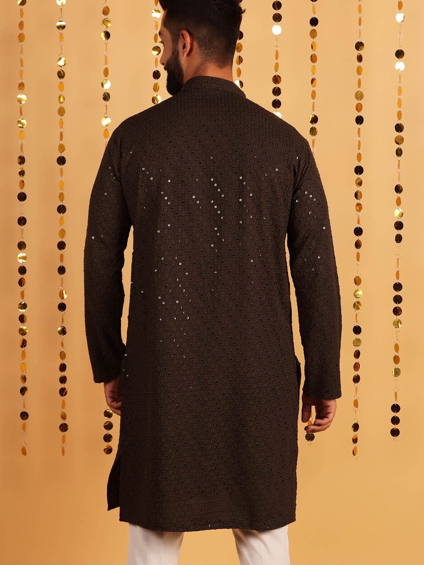 Men Brown Mandarin Collar Cotton Kurta