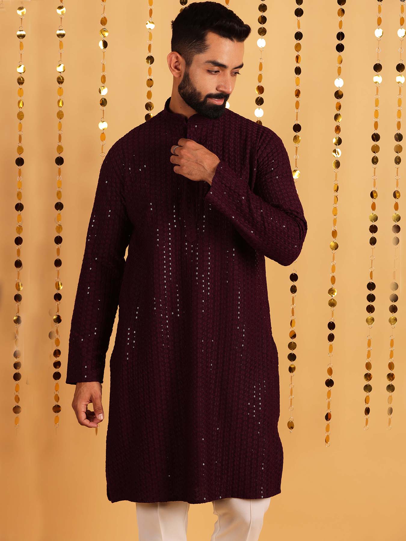 Men Wine Ethnic Motifs Thread Work Cotton Kurta