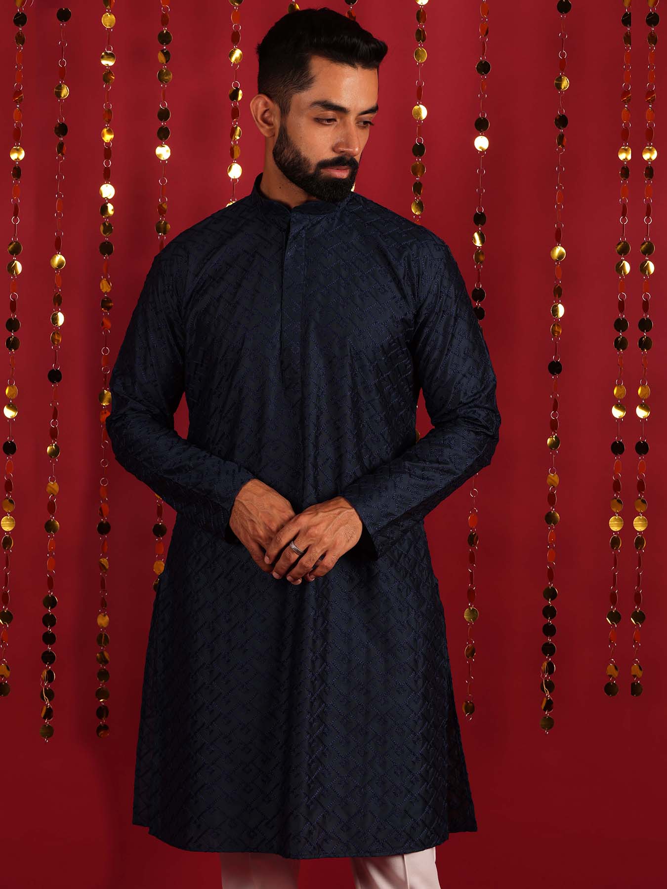 Navy Blue Motifs Thread Work Cotton Kurta