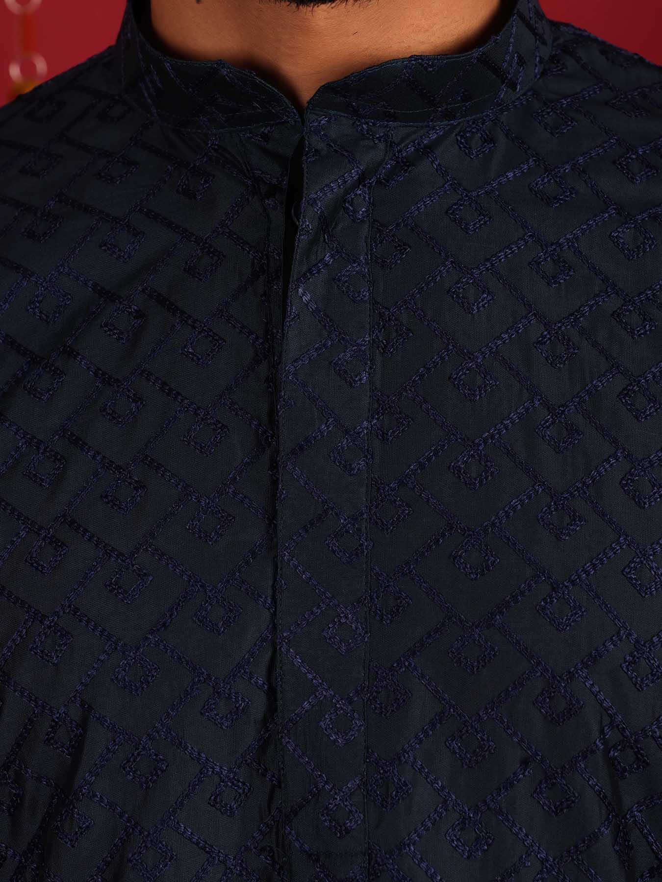 Navy Blue Motifs Thread Work Cotton Kurta