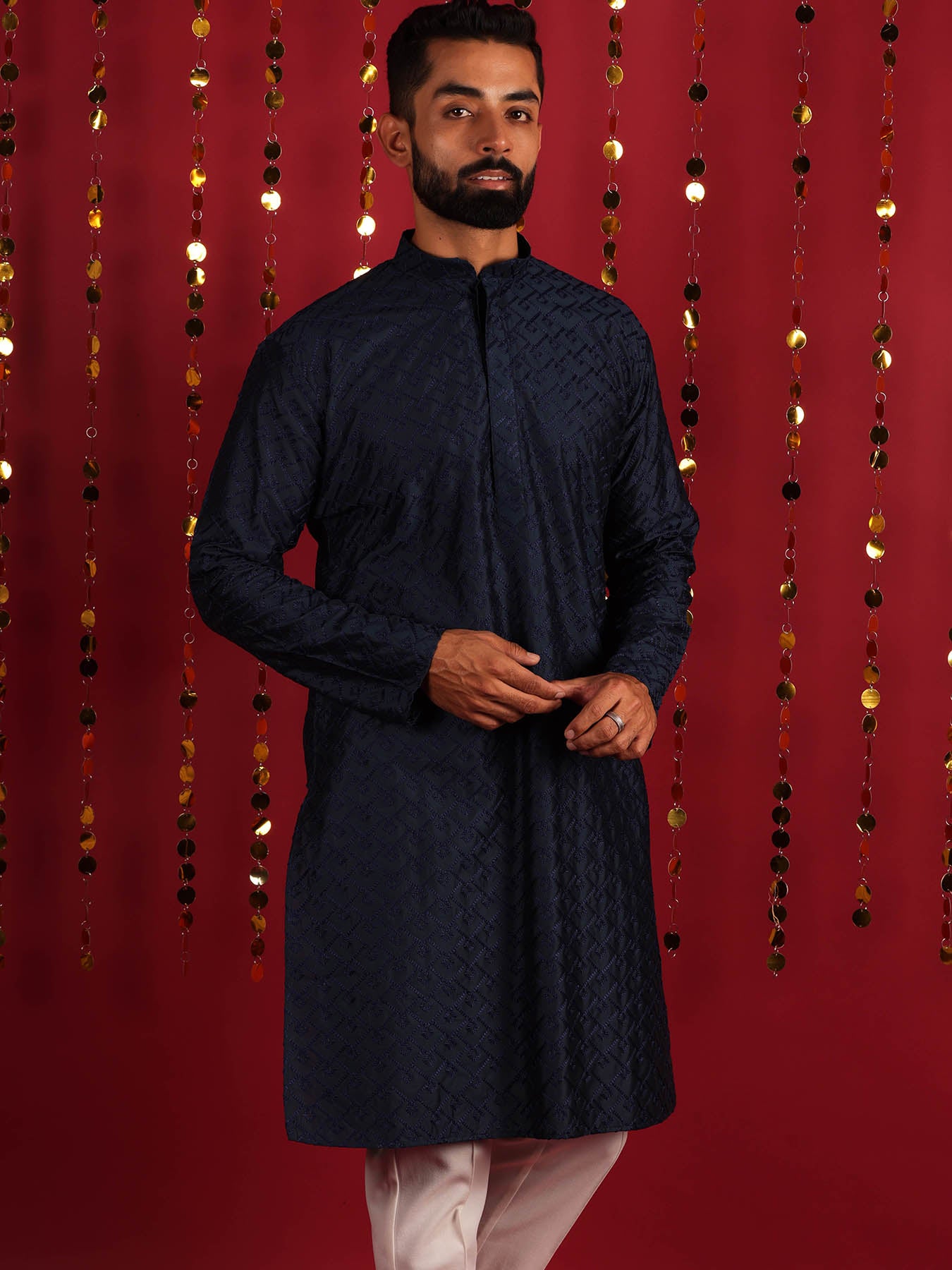 Navy Blue Motifs Thread Work Cotton Kurta