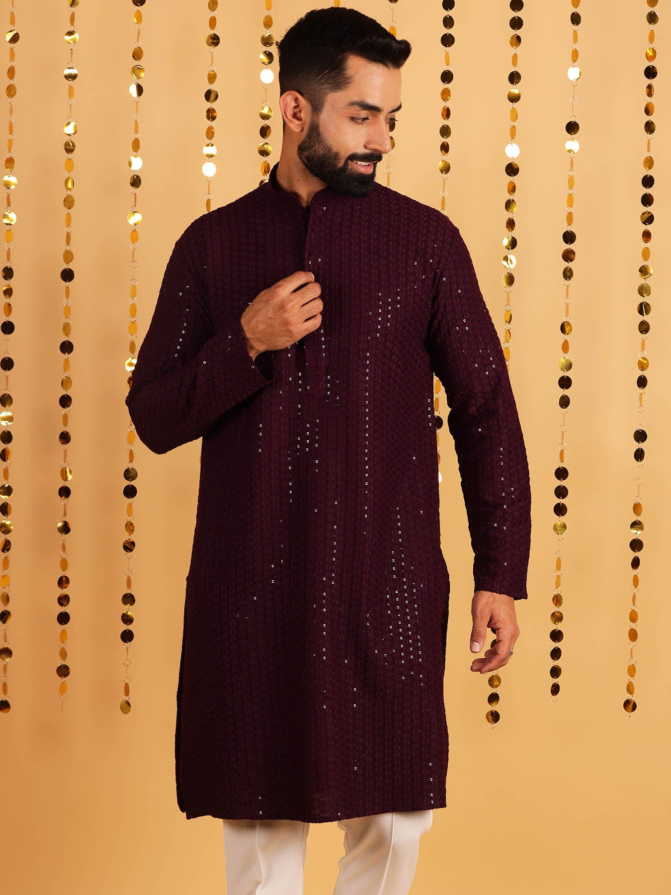 Men Wine Ethnic Motifs Thread Work Cotton Kurta