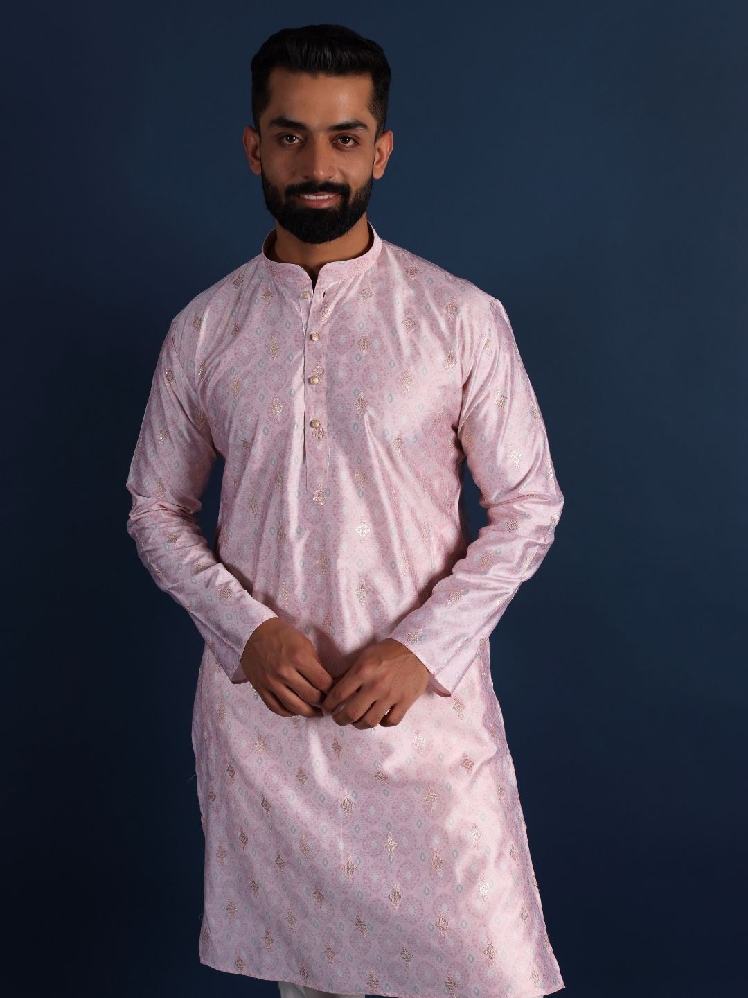 Men Pink Handloom Straight Kurta