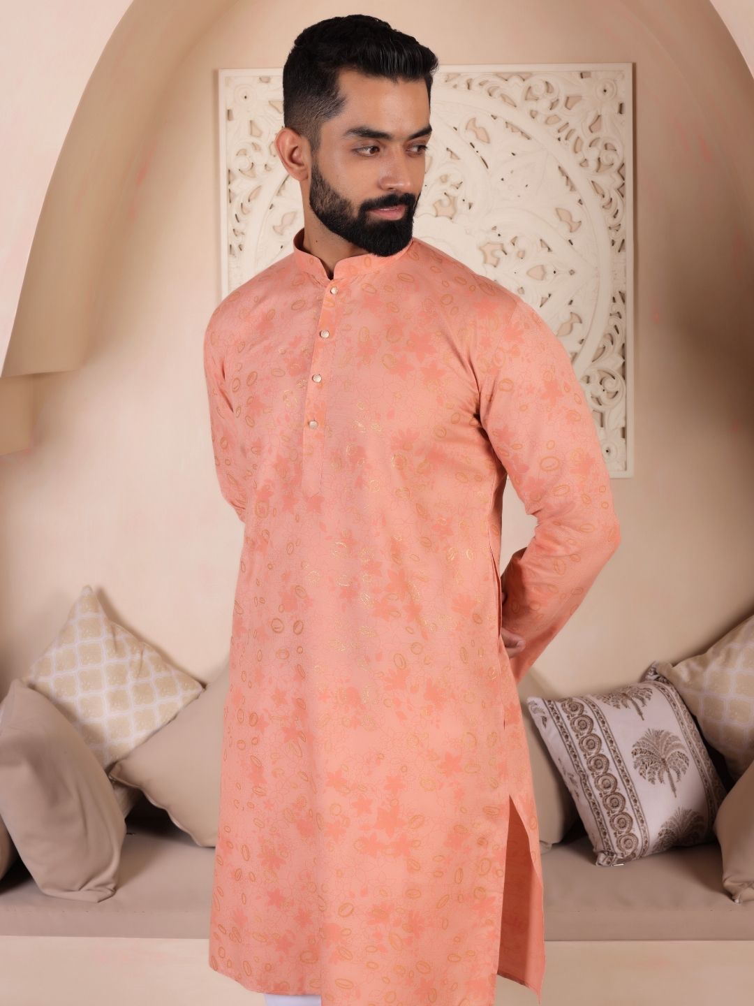 Floral Printed Mandarin Collar Straight Cotton Kurta