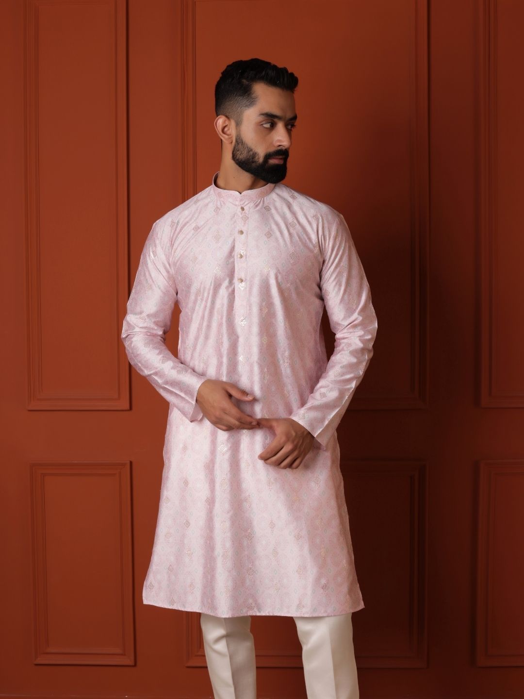 Men Checked Flared Sleeves Thread Work Handloom Kurta