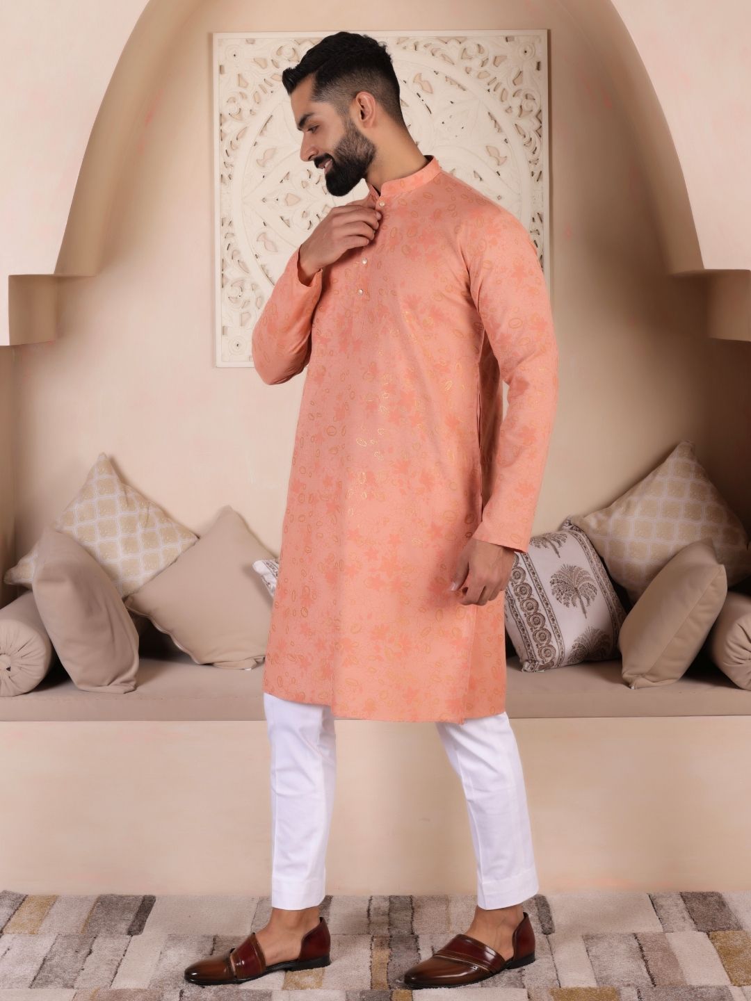 Floral Printed Mandarin Collar Straight Cotton Kurta