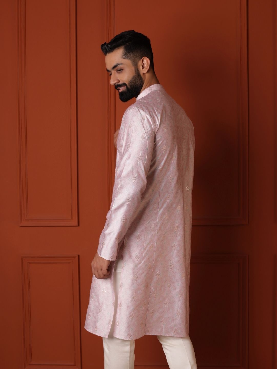 Men Checked Flared Sleeves Thread Work Handloom Kurta