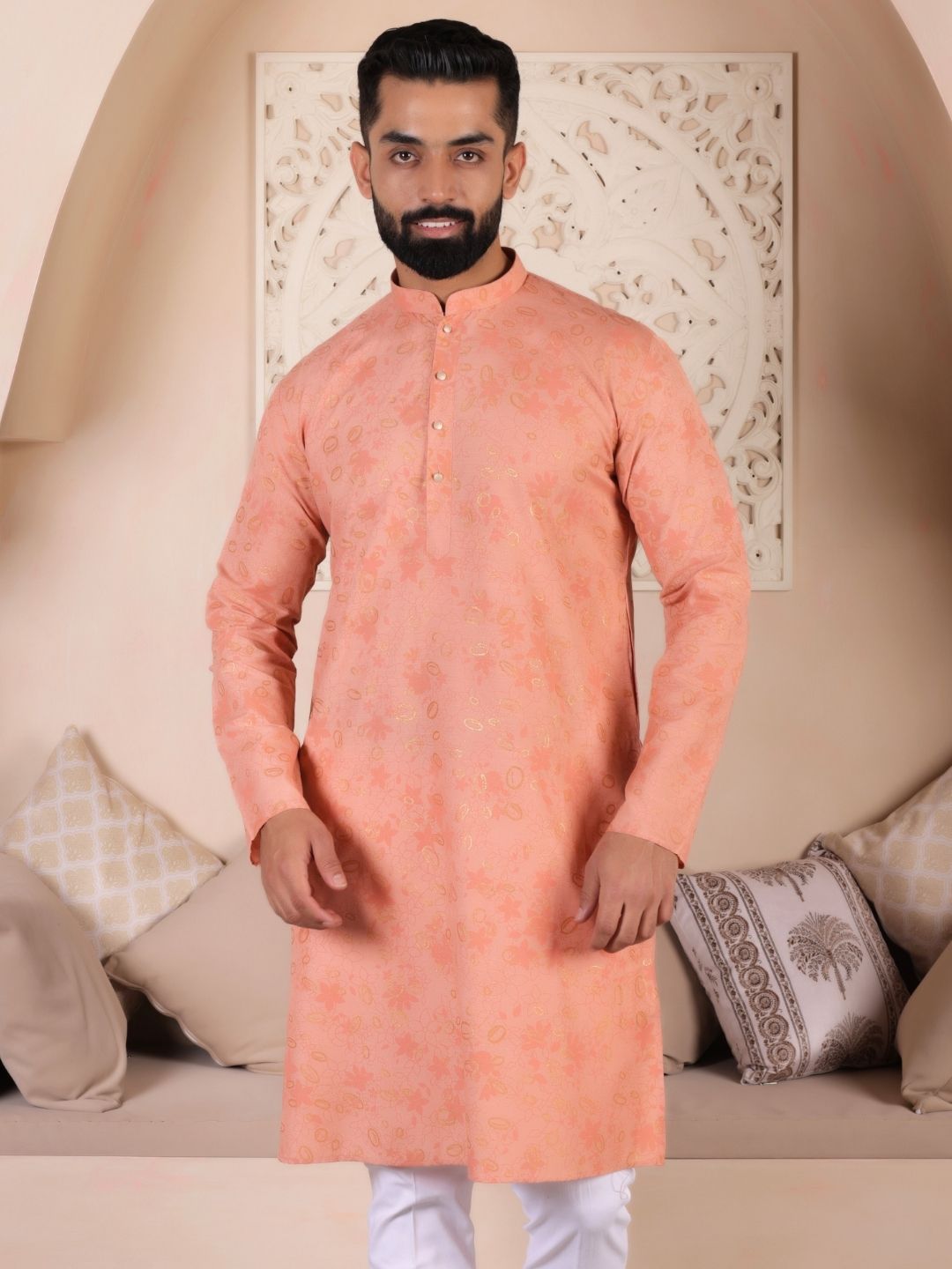 Floral Printed Mandarin Collar Straight Cotton Kurta