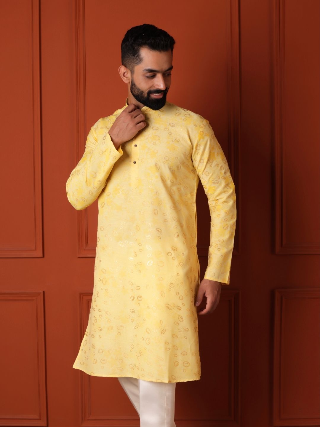 Floral Yellow Printed Cotton Straight Kurta For Men