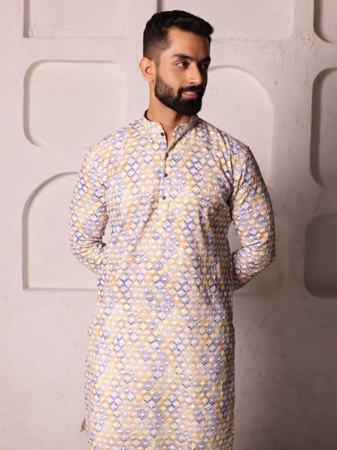 Men Geometric Square Shape Design Work Handloom Kurta