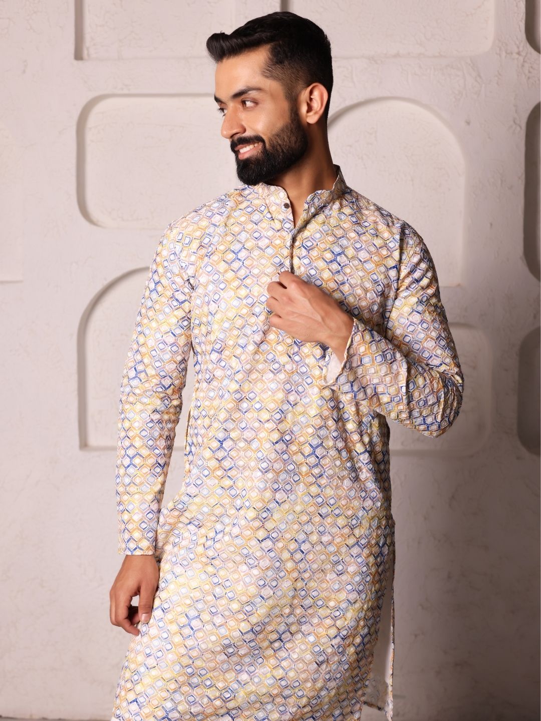 Men Geometric Square Shape Design Work Handloom Kurta