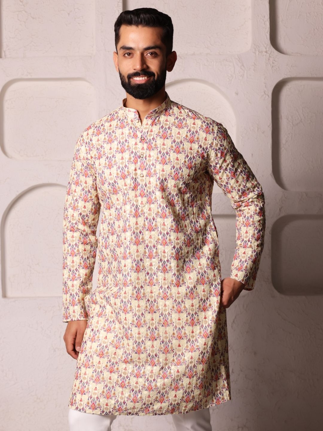 Mandarin Collar Long Sleeves Geometric Printed Straight Kurta