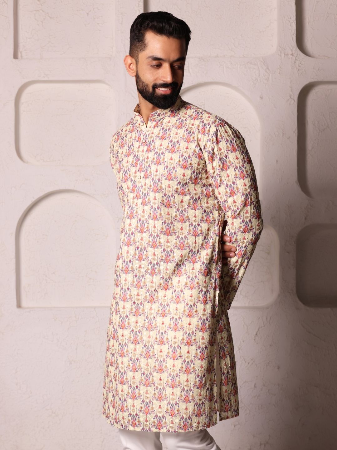 Mandarin Collar Long Sleeves Geometric Printed Straight Kurta