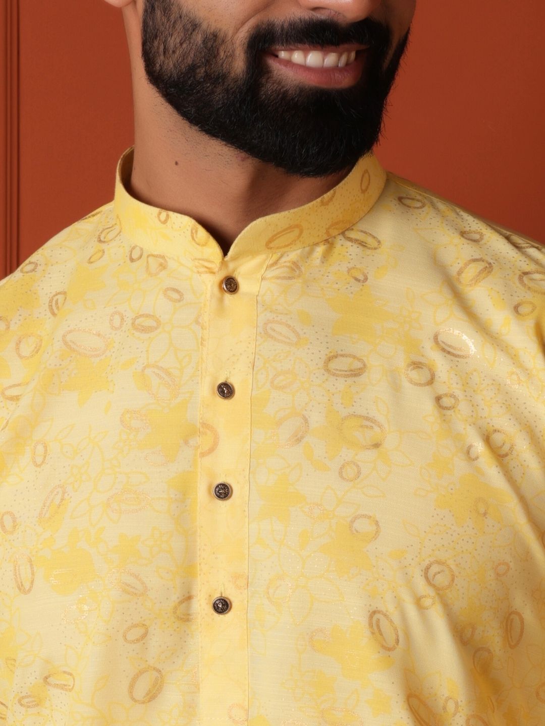 Floral Yellow Printed Cotton Straight Kurta For Men