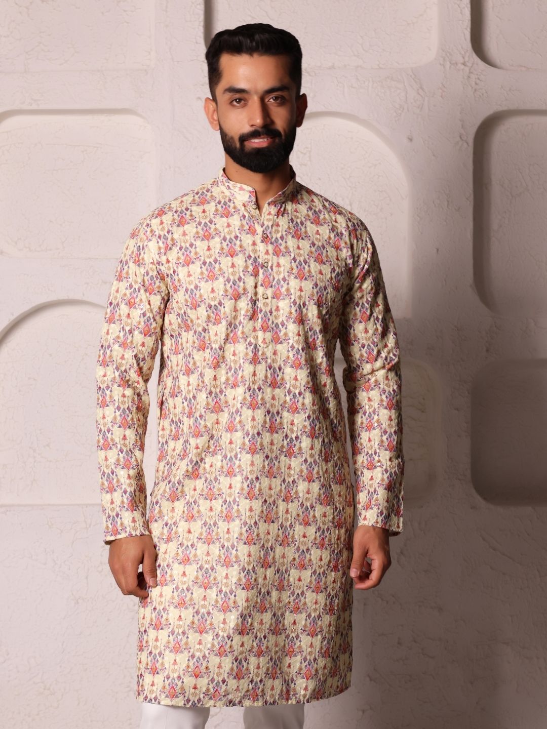 Mandarin Collar Long Sleeves Geometric Printed Straight Kurta