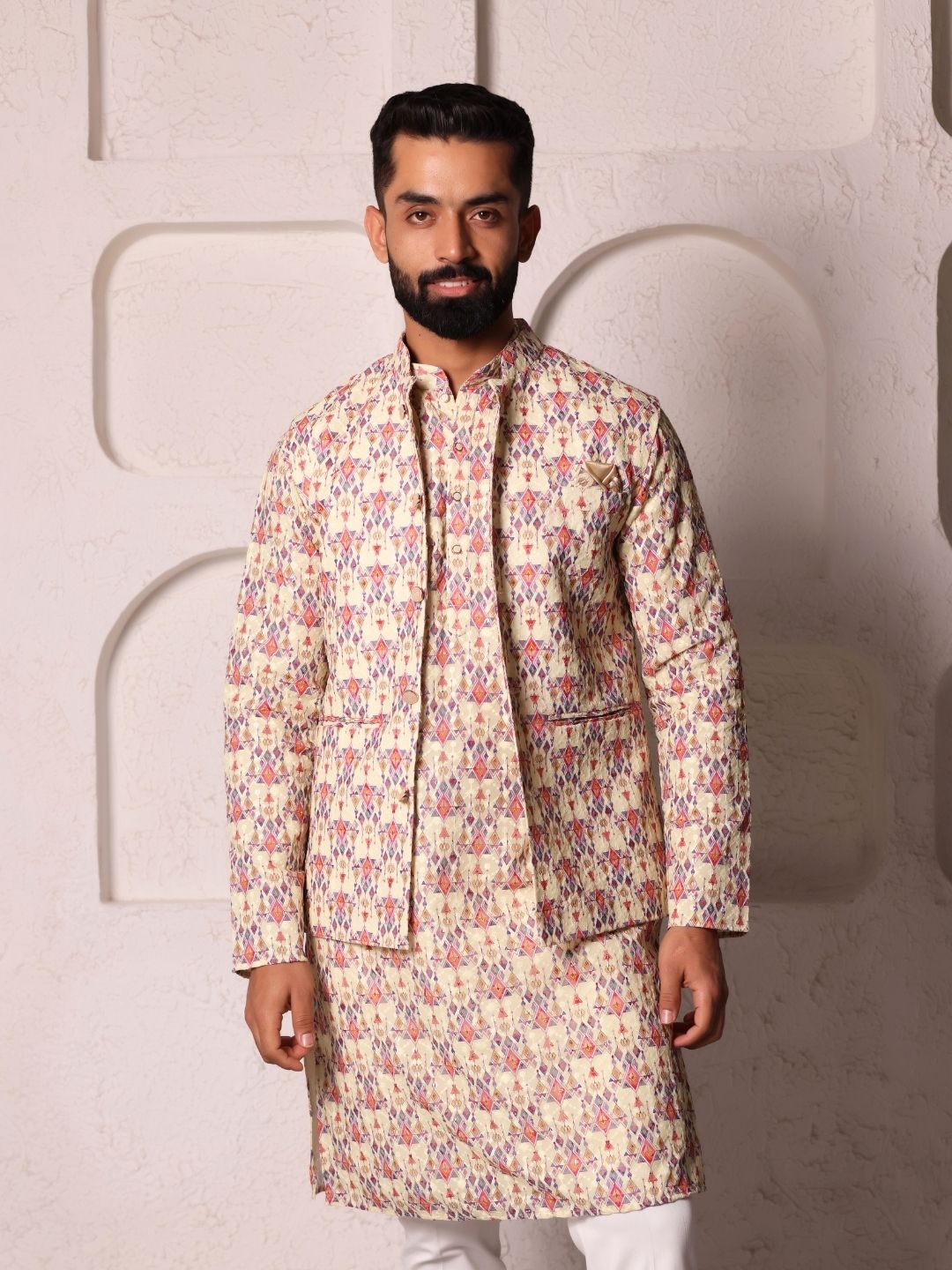 Mandarin Collar Long Sleeves Geometric Printed Straight Kurta