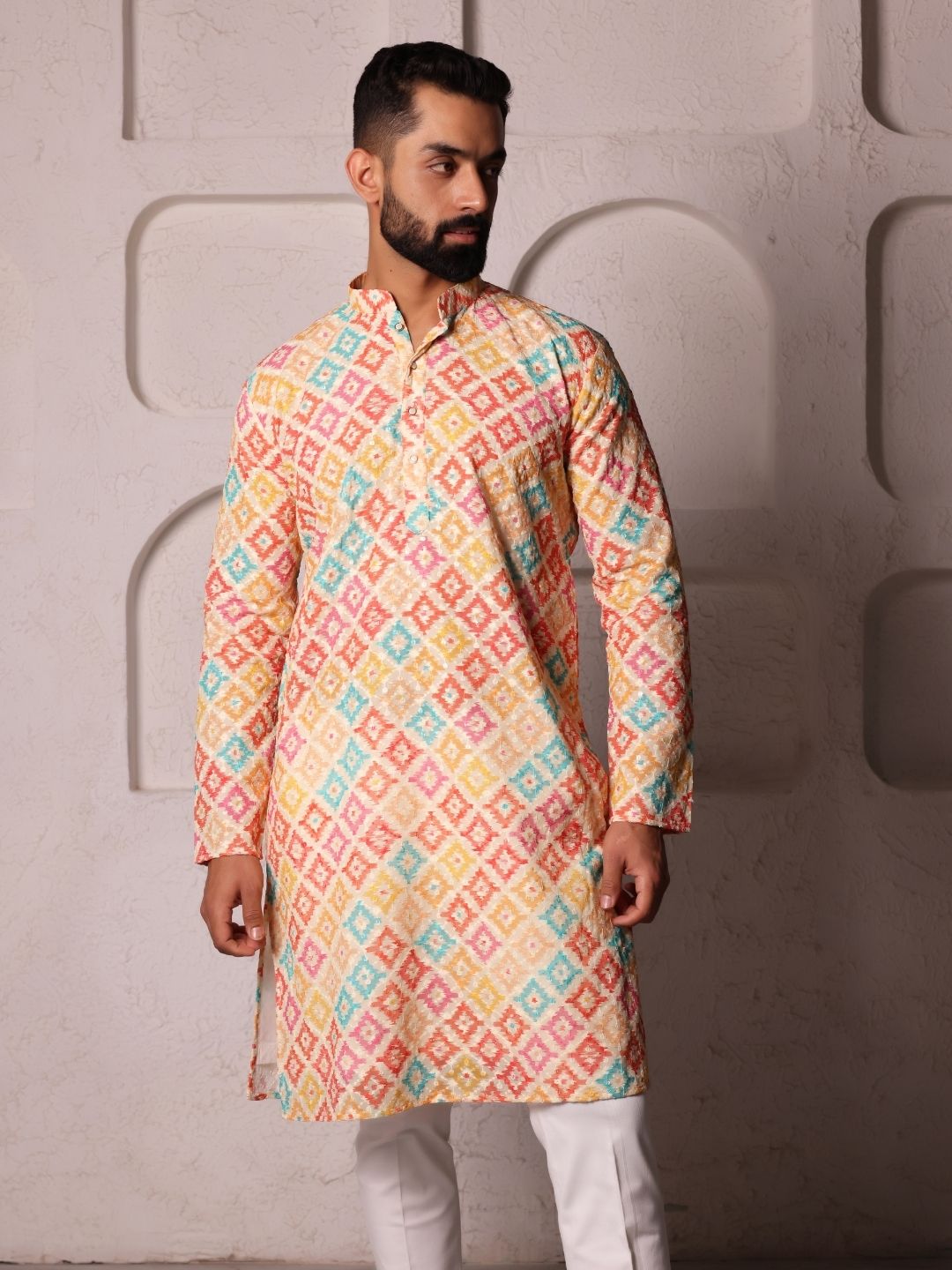 Men Geometric Chikenkari Work Handloom Kurta