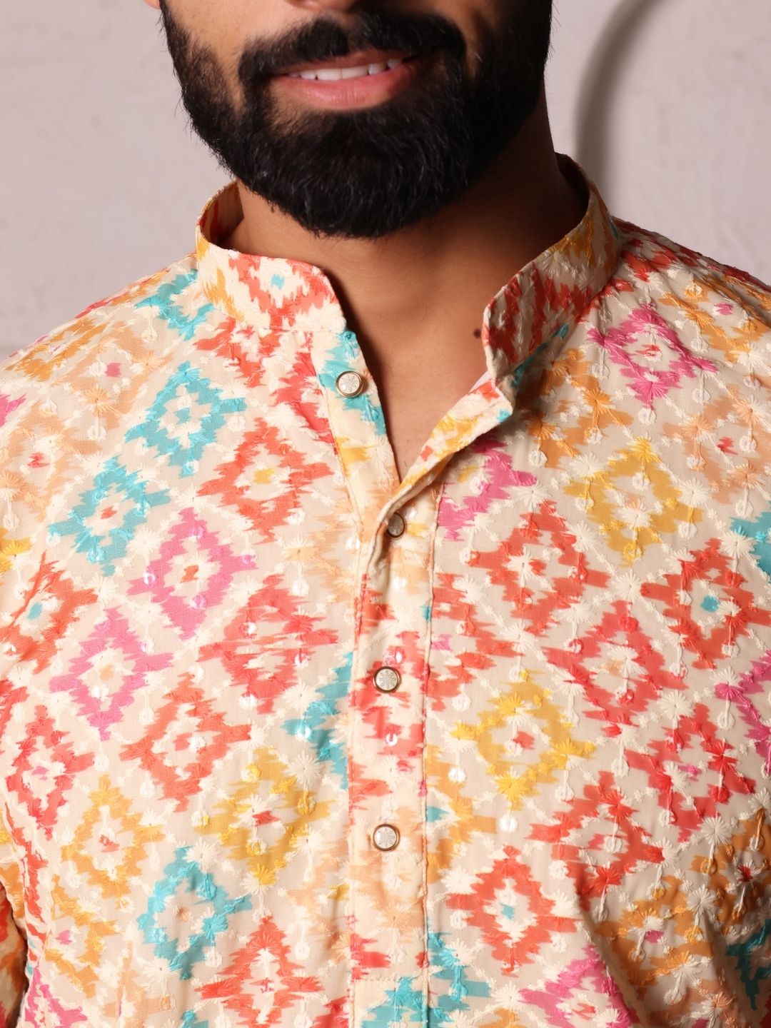 Men Geometric Chikenkari Work Handloom Kurta