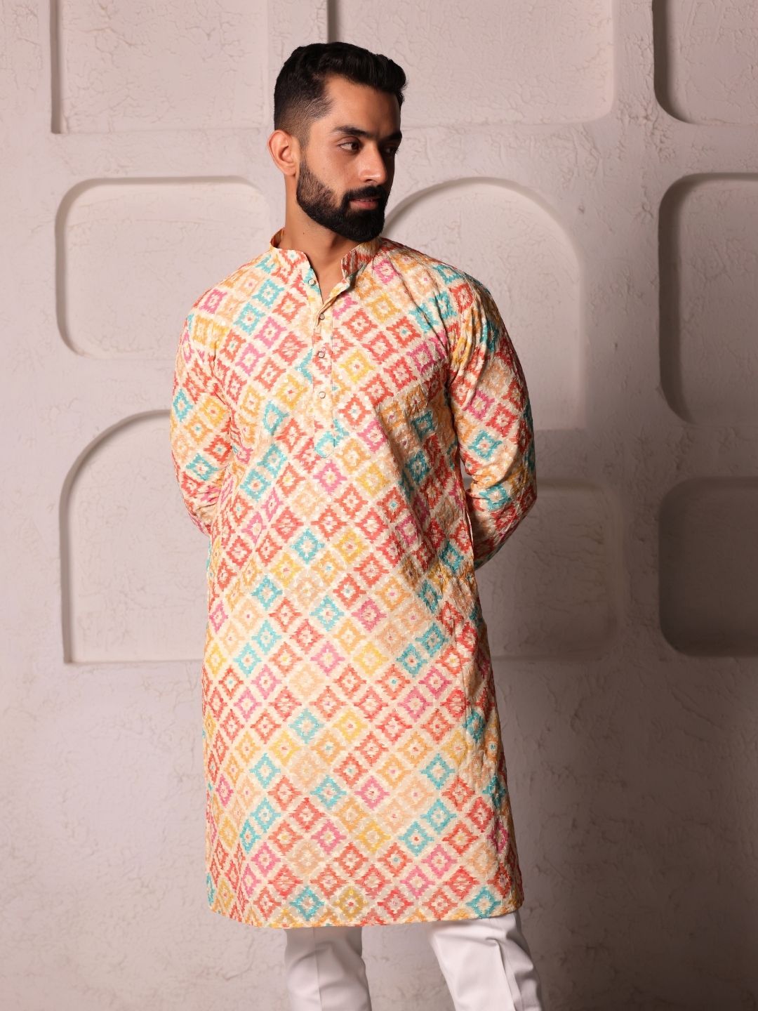 Men Geometric Chikenkari Work Handloom Kurta