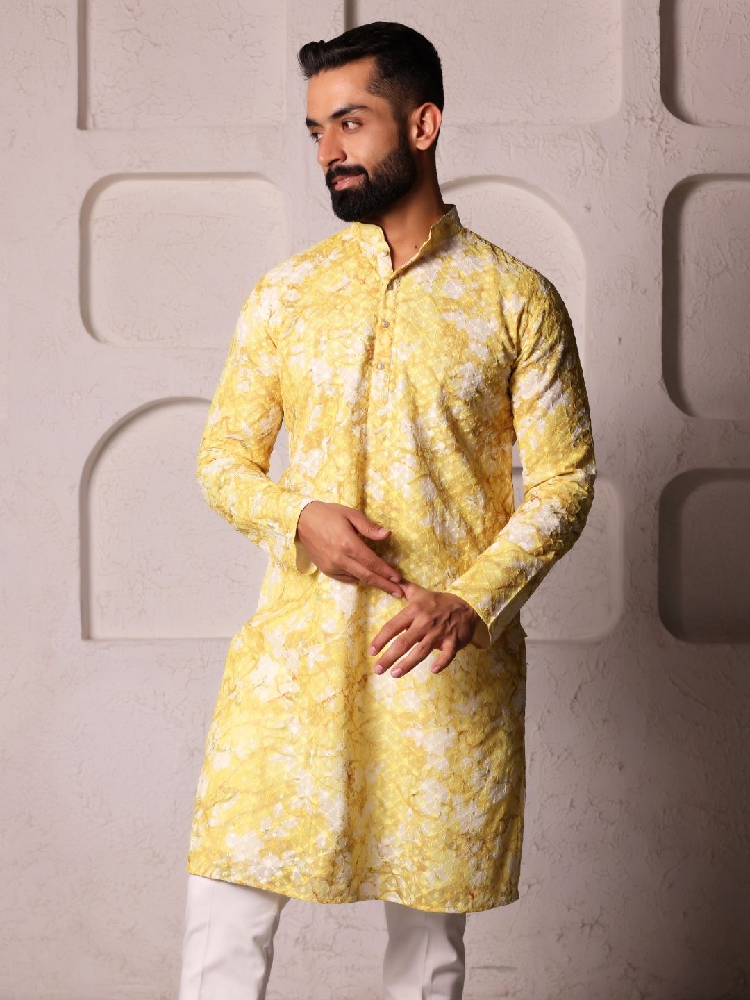 Men Yellow Handloom Chikenkari Work  Kurta