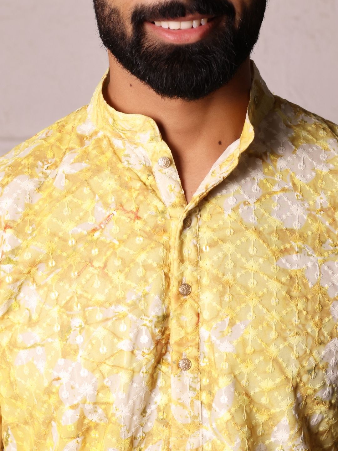 Men Yellow Handloom Chikenkari Work  Kurta