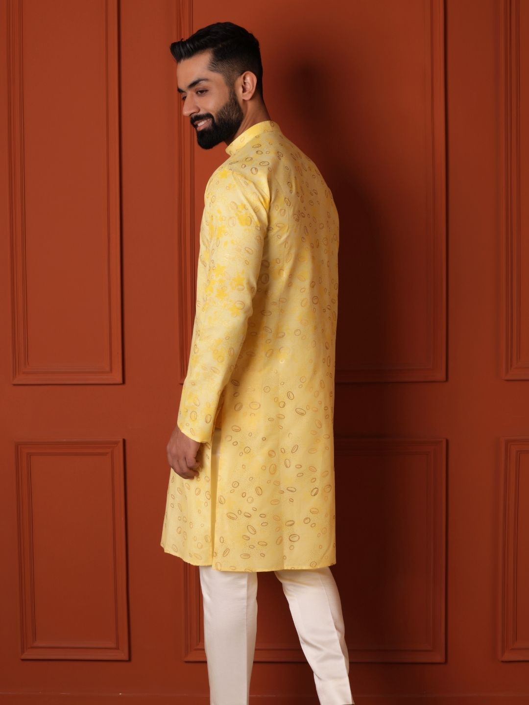 Floral Yellow Printed Cotton Straight Kurta For Men