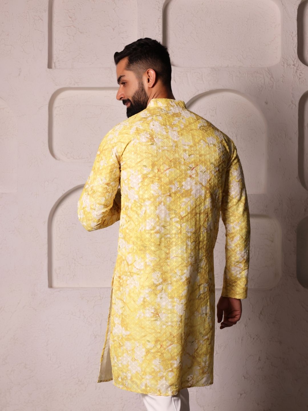 Men Yellow Handloom Chikenkari Work  Kurta