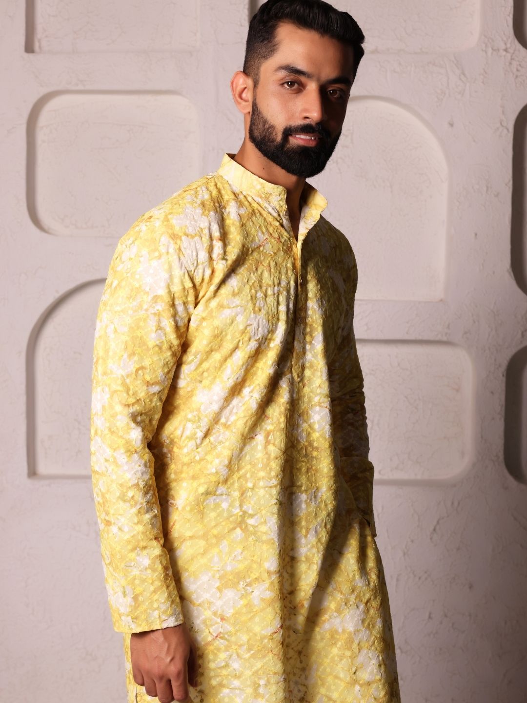 Men Yellow Handloom Chikenkari Work  Kurta