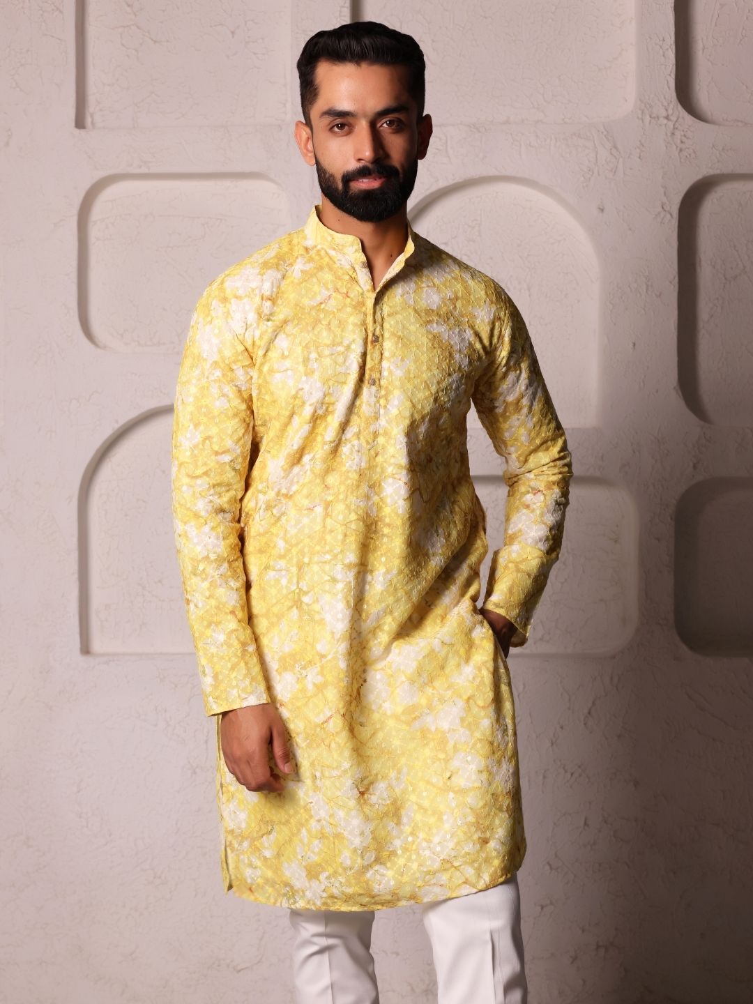 Men Yellow Handloom Chikenkari Work  Kurta