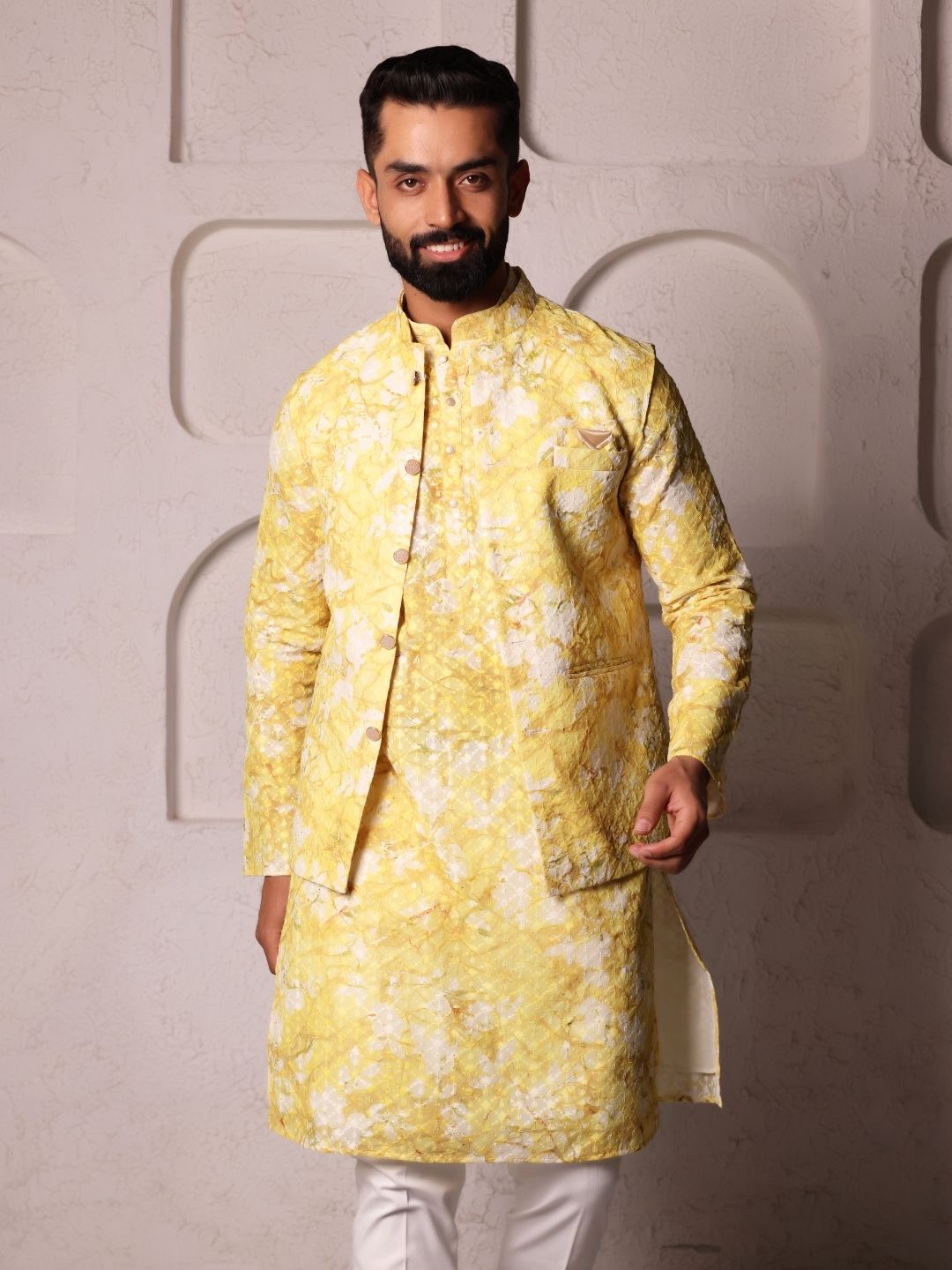 Men Yellow Handloom Chikenkari Work  Kurta