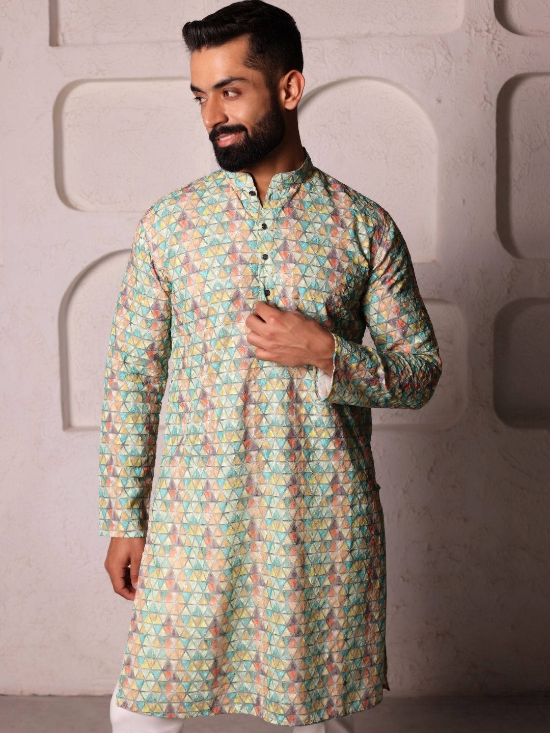 Floral Woven Design Mandarin Collar Cotton Straight Kurta