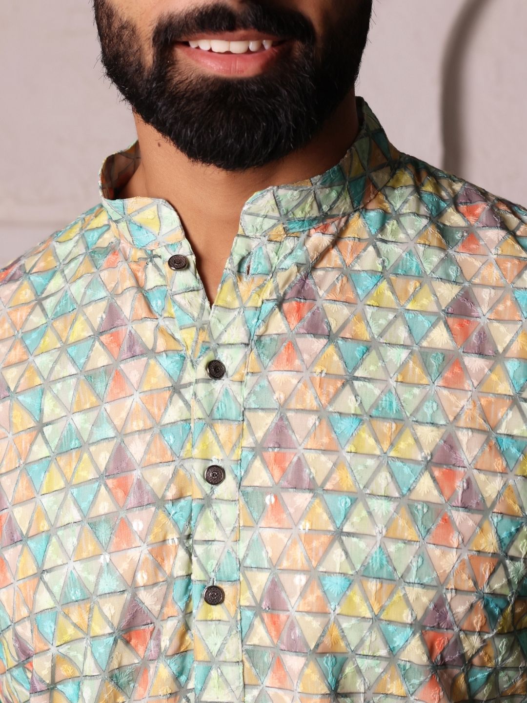 Floral Woven Design Mandarin Collar Cotton Straight Kurta