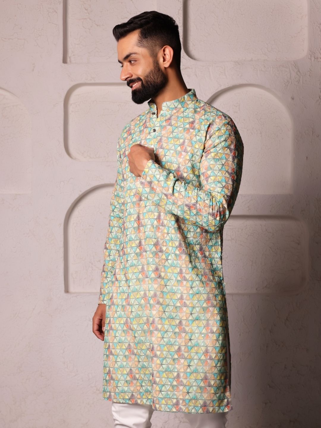 Floral Woven Design Mandarin Collar Cotton Straight Kurta