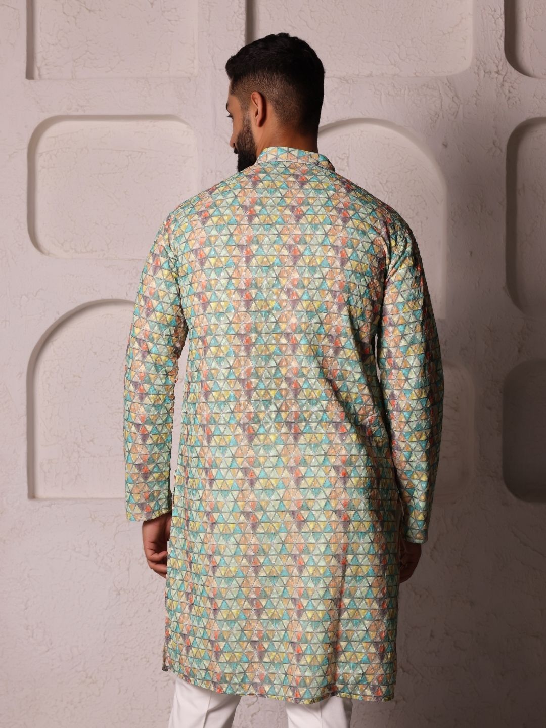 Floral Woven Design Mandarin Collar Cotton Straight Kurta