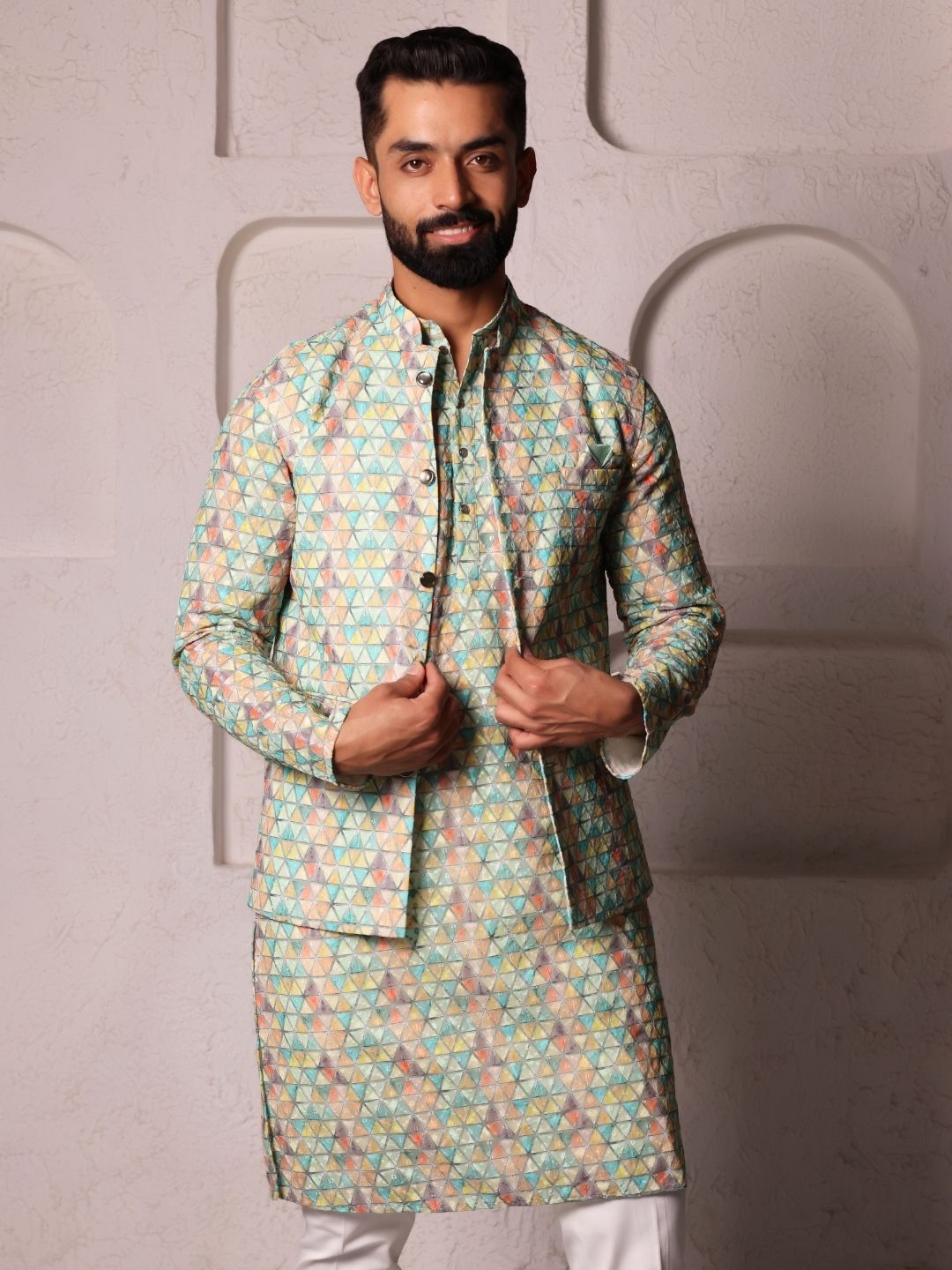 Floral Woven Design Mandarin Collar Cotton Straight Kurta