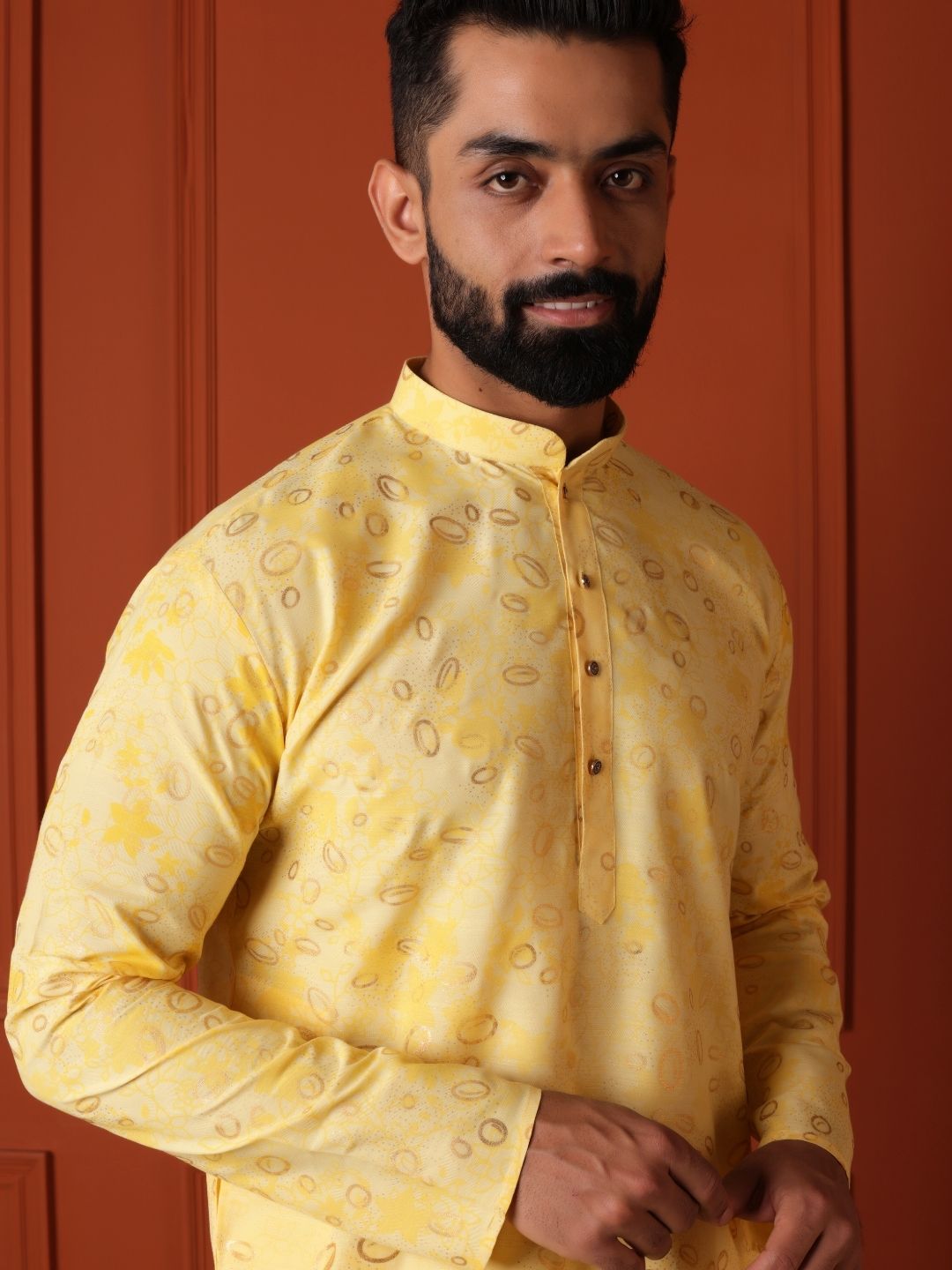 Floral Yellow Printed Cotton Straight Kurta For Men