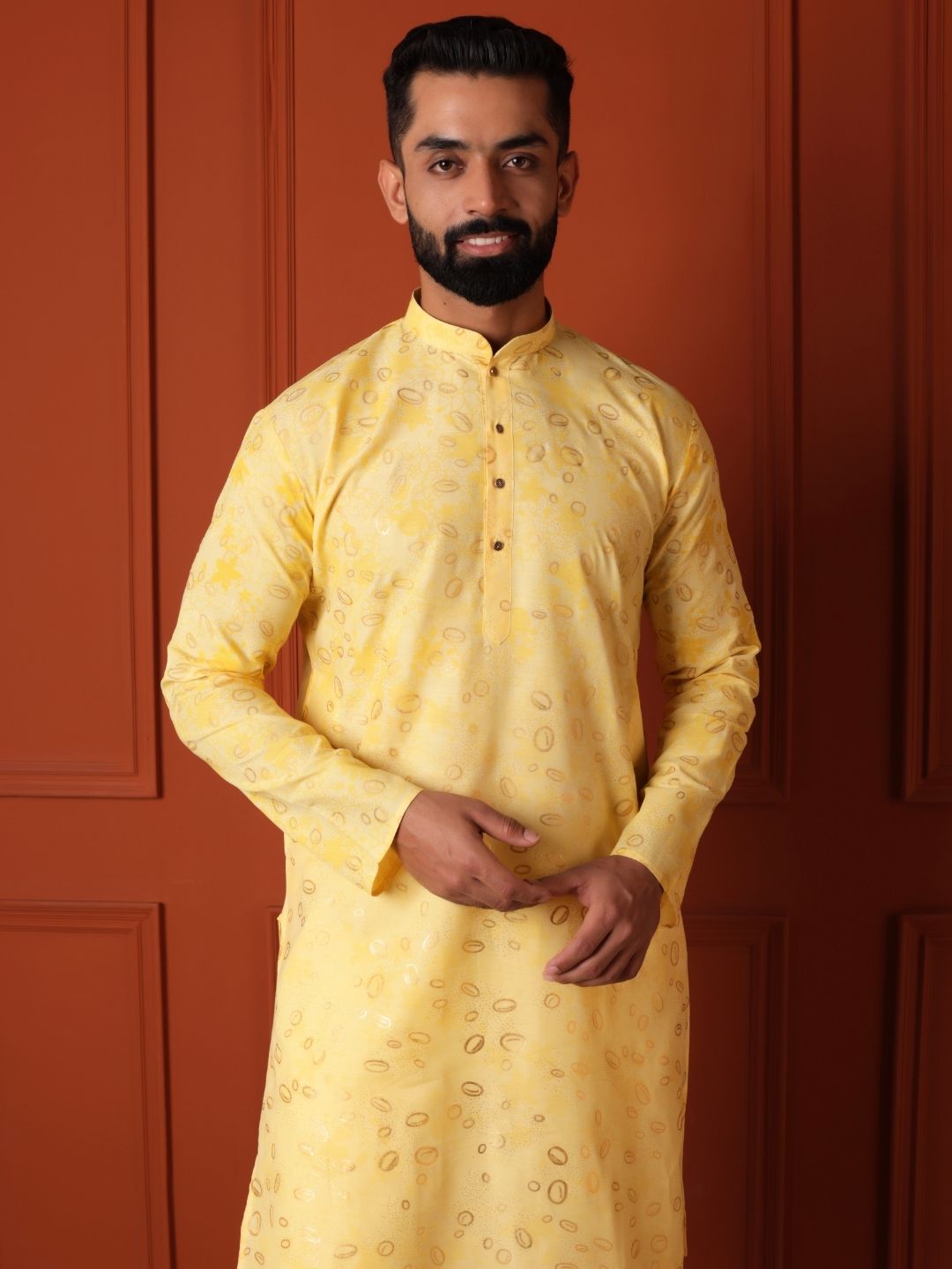 Floral Yellow Printed Cotton Straight Kurta For Men