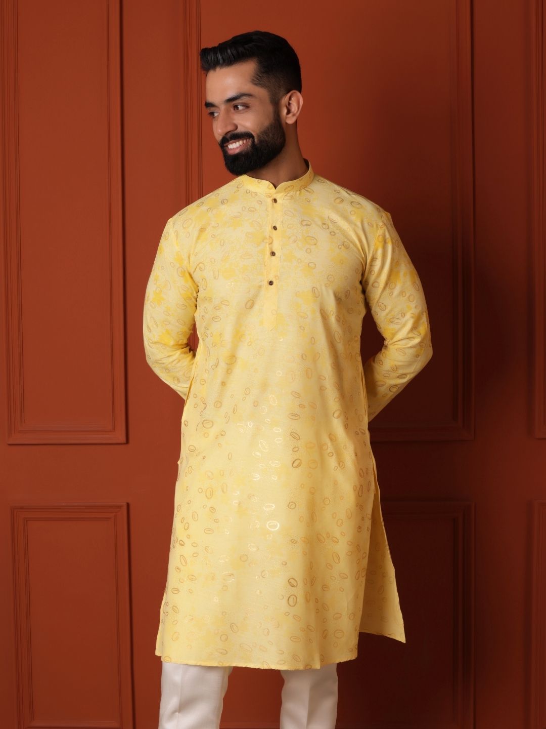 Floral Yellow Printed Cotton Straight Kurta For Men